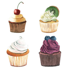 Set of hand-drawn watercolor cupcakes.