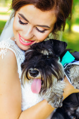 Close-up of the bride with closed her eyes. mini schnauzer on th