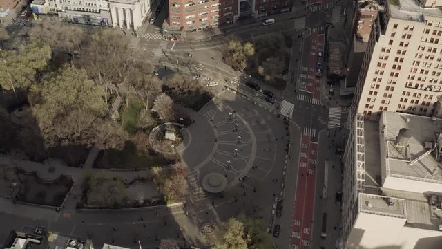 Aerial parallex footage of empty Union square during pandemic in New York city
