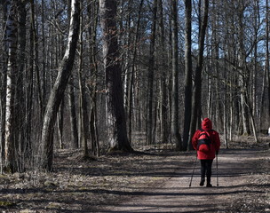  A woman in a red jacket with a backpack is engaged in Nordic walking in the Park in early spring.