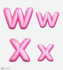 Letters W, X, bublle. Uppercase and lowercase. Font bubble gum. 3D render set of pink cartoon. Bubble Gum isolated on white background.  Modern font.