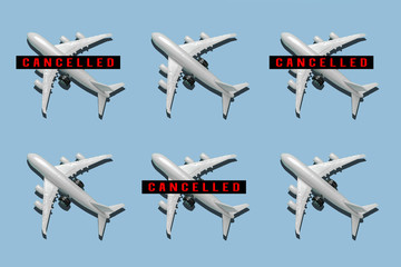 top view airplane on a blue background copy space