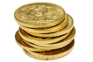 British full Sovereign gold coins isolated on white background