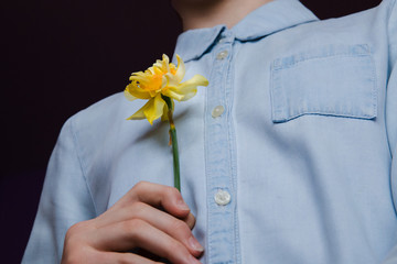 Girl in blue jeans shirt holding yellow daffodil in her hand.