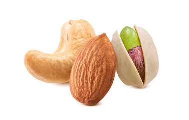 Nuts mix, almond, pistachio, cashews isolated on white background