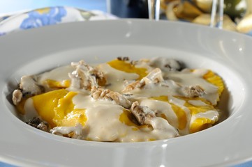 Mezzaluna stuffed with brie cheese, apricot and mint with shimeji cream