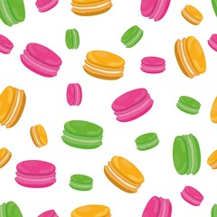 Seamless pattern with colorful macaroon cookies on white. Vector illustration.