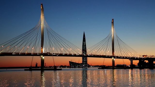  Cable-stayed Western high-speed diameter bridge over the Petrovsky fairway and the Lakhta center tower at sunset, Saint Petersburg, Russia