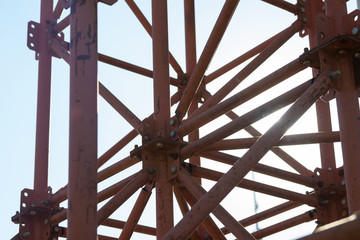 Scaffolding Elements Construction. Metal scaffolding tubes and bars. Construction site details. Bridge support. Industrial background.