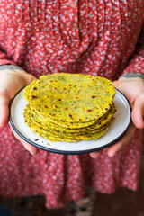 Flatbread stuffed with green herbs and garlic. Vegan food or vegetarian meal