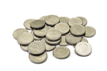 Ukrainian coins 1 and 2 hryvnia on white. A bunch of Ukrainian cents.