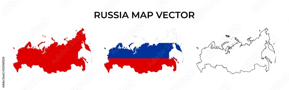 Wall mural Russia map vector set - Blank Map of Russia Include Russia Flag With Map Shape, Silhouette and Outline Vector Illustration Isolated on White