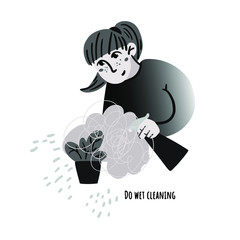 A girl is spraying home flowers from a spray bottle at home. Illustration. Vector.