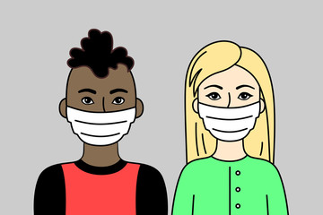 Couple Of People Wearing Face Masks. Two Young Adults, African or Brazilian Man, Blonde Woman. Protective Respirators To Prevent Disease, Flu, Air Pollution. Sars-Covid-19 Pandemic. Vector Flat Design