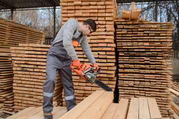 Fototapeta premium A portrait of young man carpenter at the wooden warehouse hold in his hands a chainsaw