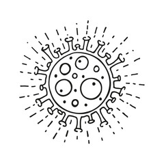 covid-19 Single hand drawn coronavirus molecule icon. In doodle style, black outline isolated on a white background. Element for card, poster, social media banner, sticker, logo. Vector illustration