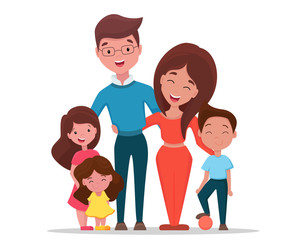 Young happy family at home. Dad, mother, son, daughters are smiling on white isolated background. Vector flat illustration in cartoon style