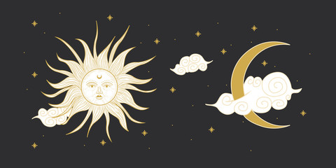 Vector illustration set of moon phases. Different stages of moonlight activity in vintage engraving style. Zodiac Signs