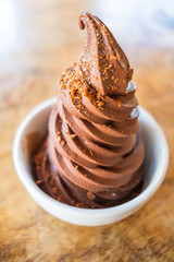Chocolate soft serve with carmel brittle on top