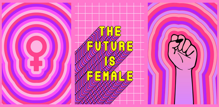 Set of 3 feminist posters "The Future is female", raised fist and Venus symbol. Vector illustrations. Girl power card concepts.	