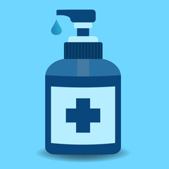 Blue hand sanitizer pump bottle for disinfection. Hand hygiene concept. 