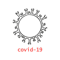 covid-19 Single hand drawn coronavirus molecule. In doodle style, black outline isolated on a white background. Element for card, poster, social media banner. Vector illustration with space for text