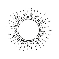 covid-19 Single hand drawn coronavirus molecule. In doodle style, black outline isolated on a white background. Element for card, poster, social media banner. Vector illustration with space for text