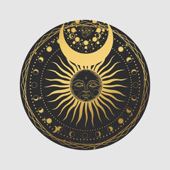 Vector illustration set of moon phases. Different stages of moonlight activity in vintage engraving style. Zodiac Signs