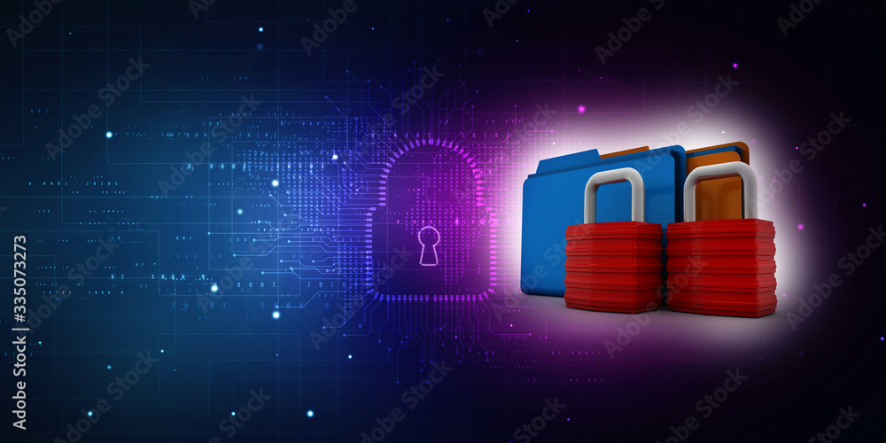 Poster yellow folder and lock. data security concept. 3d rendering