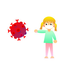 Vektor Grafik kleines Mädchen blond mit Gesichtsmaske Mundschutz Atemschutz bekämpft Virus Grippe Coronavirus corvid-19 Sars. Schaut Microbiom böse an. Biologie, Virologie, Warnung, Schutz Kinder 