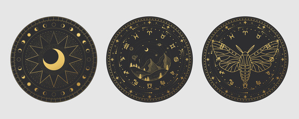 Vector illustration set of moon phases. Different stages of moonlight activity in vintage engraving style. Zodiac Signs