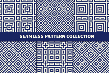 Ethnic seamless pattern collection. Folk tribal backgrounds set. Eclectic striped print kit. Mirrored geometric ornament