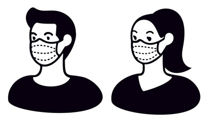 Man and woman wearing medical face mask to protect themselves from catching a virus, black and white vector illustration.
