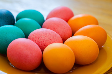 colored easter eggs laid out by color on a plate
