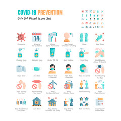 Fototapeta na wymiar Simple Set of Coronavirus Prevention COVID-19 Flat Icons. such Icons as Gloves, Mask, Social Distancing, Stay Home, Quarantine, Avoid Close Contact, Work From Home, Paper Towel. 64x64 Pixel. Vector.