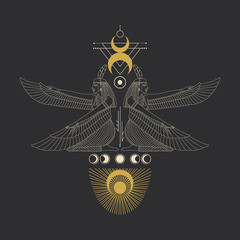 image of egyptian god in retro engraving style. tattoo sketch, print on a leaflet, design creation. cosmic elements of the sun and moon. Vector graphics