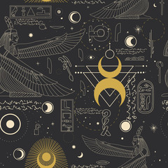 image of egyptian god in retro engraving style. tattoo sketch, print on a leaflet, design creation. cosmic elements of the sun and moon. Vector graphics
