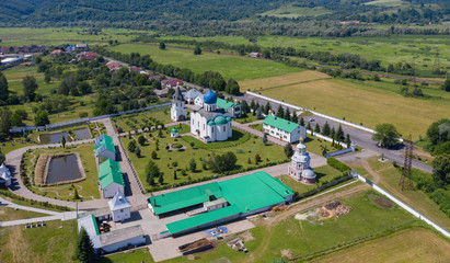 Monastery of saint Kirill and Mefodiy. Buildings of Holy Trinity Cyril and Methodius convent in Drachyno village in Svaliava, Ukraine. Aerial drone photo.