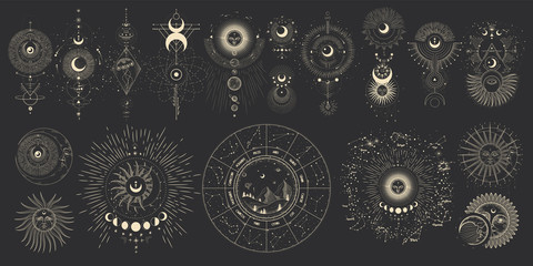 Vector illustration set of moon phases. Different stages of moonlight activity in vintage engraving style. Zodiac Signs - obrazy, fototapety, plakaty