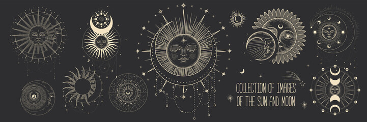 Fototapeta premium Vector illustration set of moon phases. Different stages of moonlight activity in vintage engraving style. Zodiac Signs