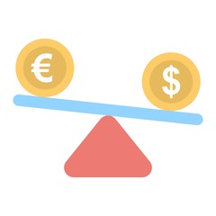 Euro and dollar on scales. Currency comparison sign. Dollar is valuable than euro.