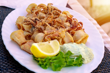 Deep fried calamari in an outdoor Restaurant in Croatia with tartare dip sauce and lemon