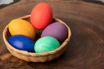 Fototapeta na wymiar easter eggs in basket on wooden background