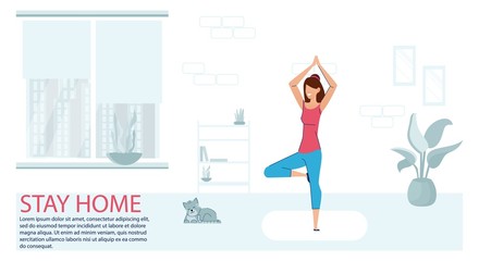 COVID-19 virus outbreak. Sport Exercise at Home. Fitness Workout Yoga Exercise Woman