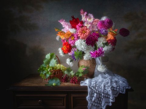 Still life with splendid bouquet of garden's flowers