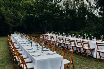 Decoración elegante de bodas y eventos en la naturaleza, campo  