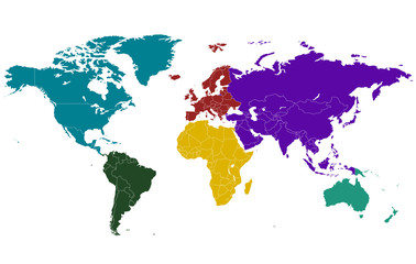 Fototapeta na wymiar World map divided into six continents. Each continent in different color.