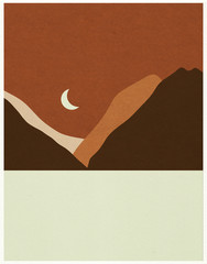 Modern abstract landscape. Sky, sea, mountains, moon. Abstract textured illustration - 335078251