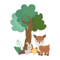 camping cute deer chicken and rabbit tree forest cartoon