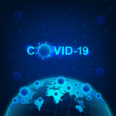 World and Coronavirus covid-19 outbreak for social distancing awareness and protecting alert against dangerous disease risk spread. Medical health concept with virus microscopic view. Vector 3D